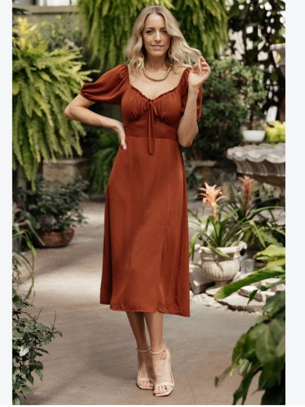 Baltic Born Rust Midi Dress with Puff Sleeves